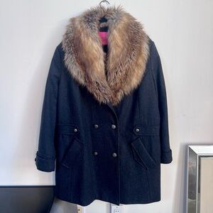 Betsey Johnson Y2K Black Pea Coat with Oversized Detachable Faux Fur Collar